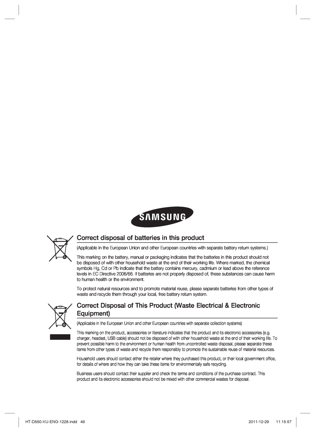 Samsung HT-D555WK/SQ, HT-D550/XN, HT-D555/TK, HT-D550/EN, HT-D555/EN, HT-D555/ZF Correct disposal of batteries in this product 