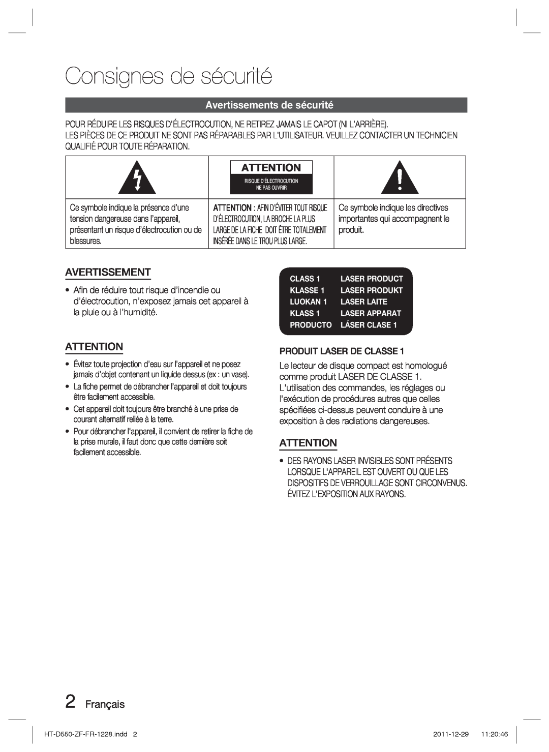 Samsung HT-D555/TK manual Consignes de sécurité, Avertissements de sécurité, Français, Class, Klasse, Luokan, Laser Laite 