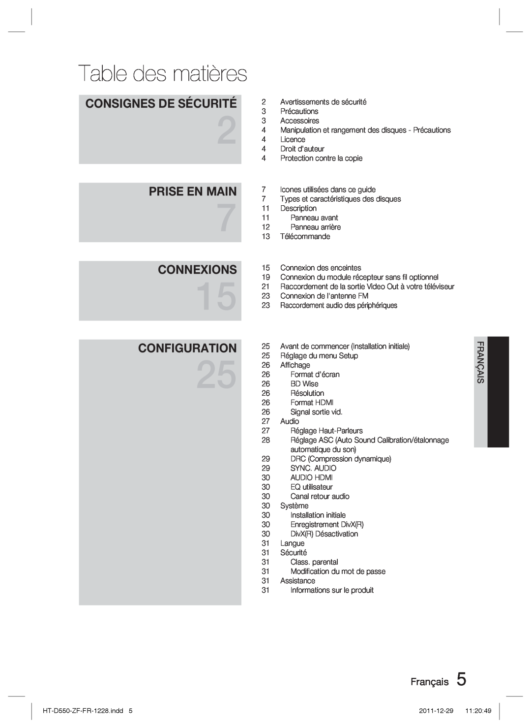 Samsung HT-D555/ZF manual Table des matières, Prise En Main, Connexions, Configuration, Consignes De Sécurité, Français 
