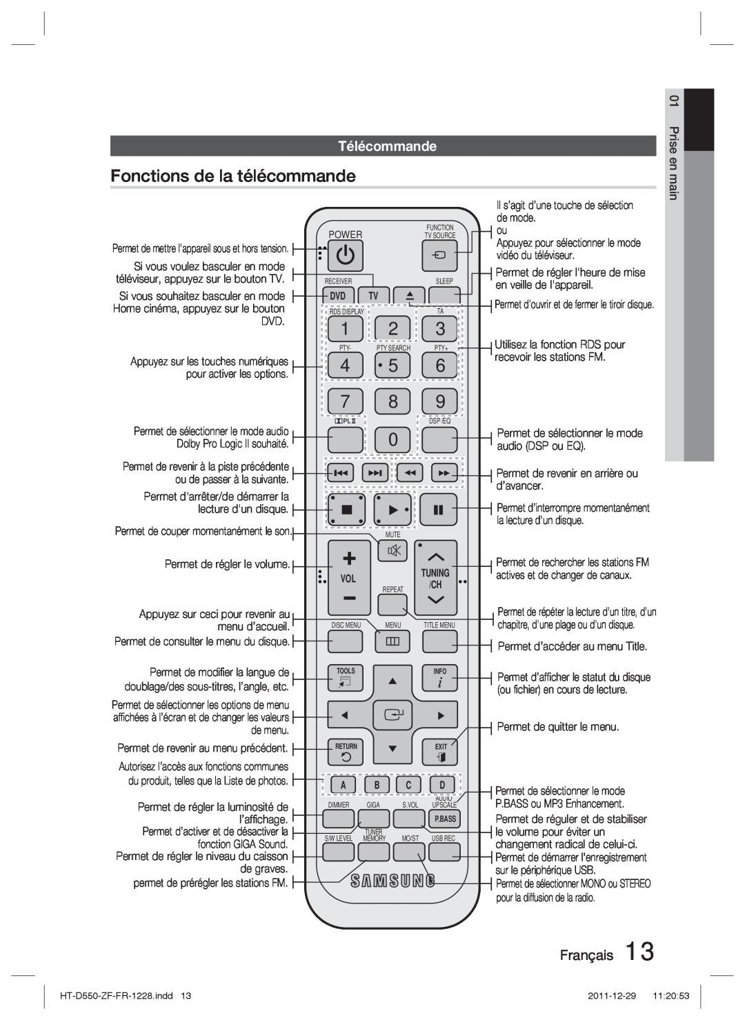 Samsung HT-D550/EN manual Fonctions de la télécommande, Télécommande, Français, Prise en main, de mode, vidéo du téléviseur 