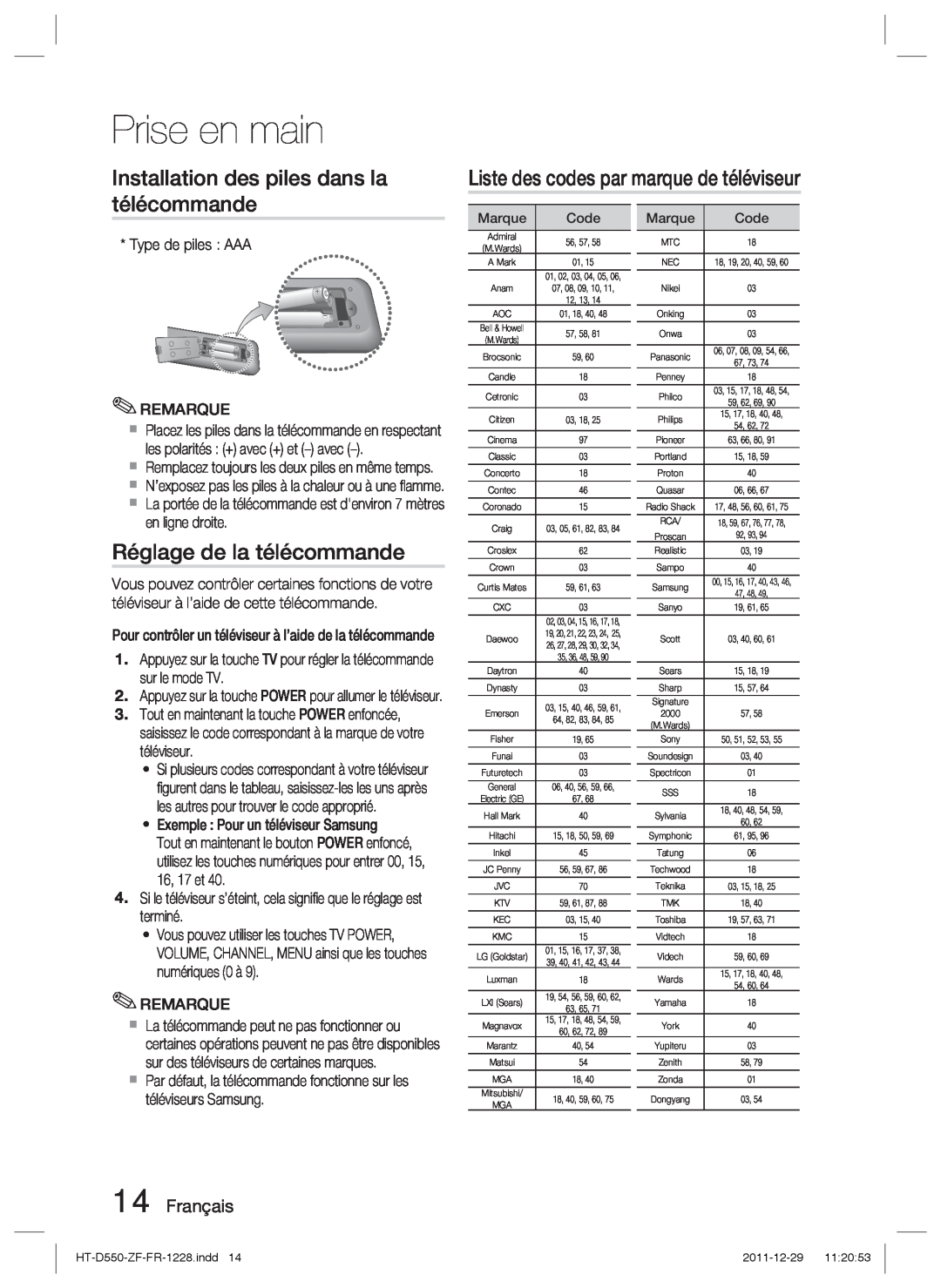 Samsung HT-D555/EN manual Installation des piles dans la télécommande, Liste des codes par marque de téléviseur, Français 