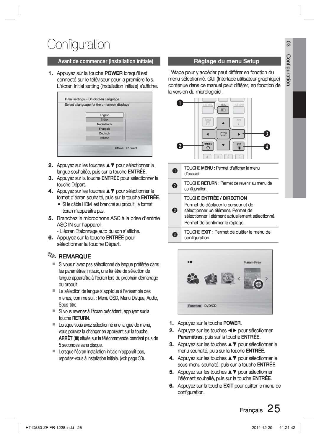 Samsung HT-D555/ZF, HT-D550/XN, HT-D555/TK manual Conﬁguration, Réglage du menu Setup, la version du micrologiciel, Français 