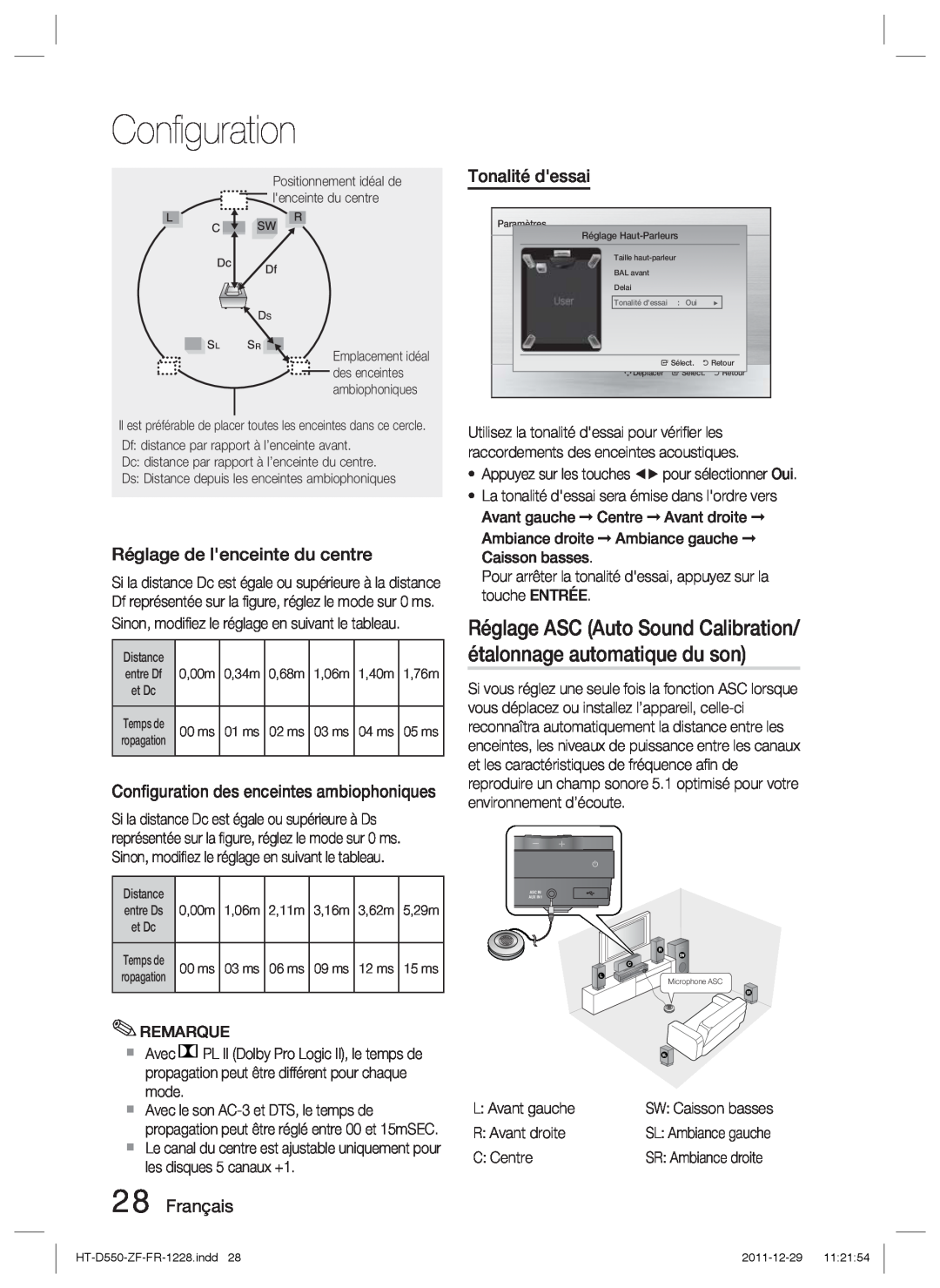 Samsung HT-D555/XE manual Réglage ASC Auto Sound Calibration/ étalonnage automatique du son, Réglage de lenceinte du centre 