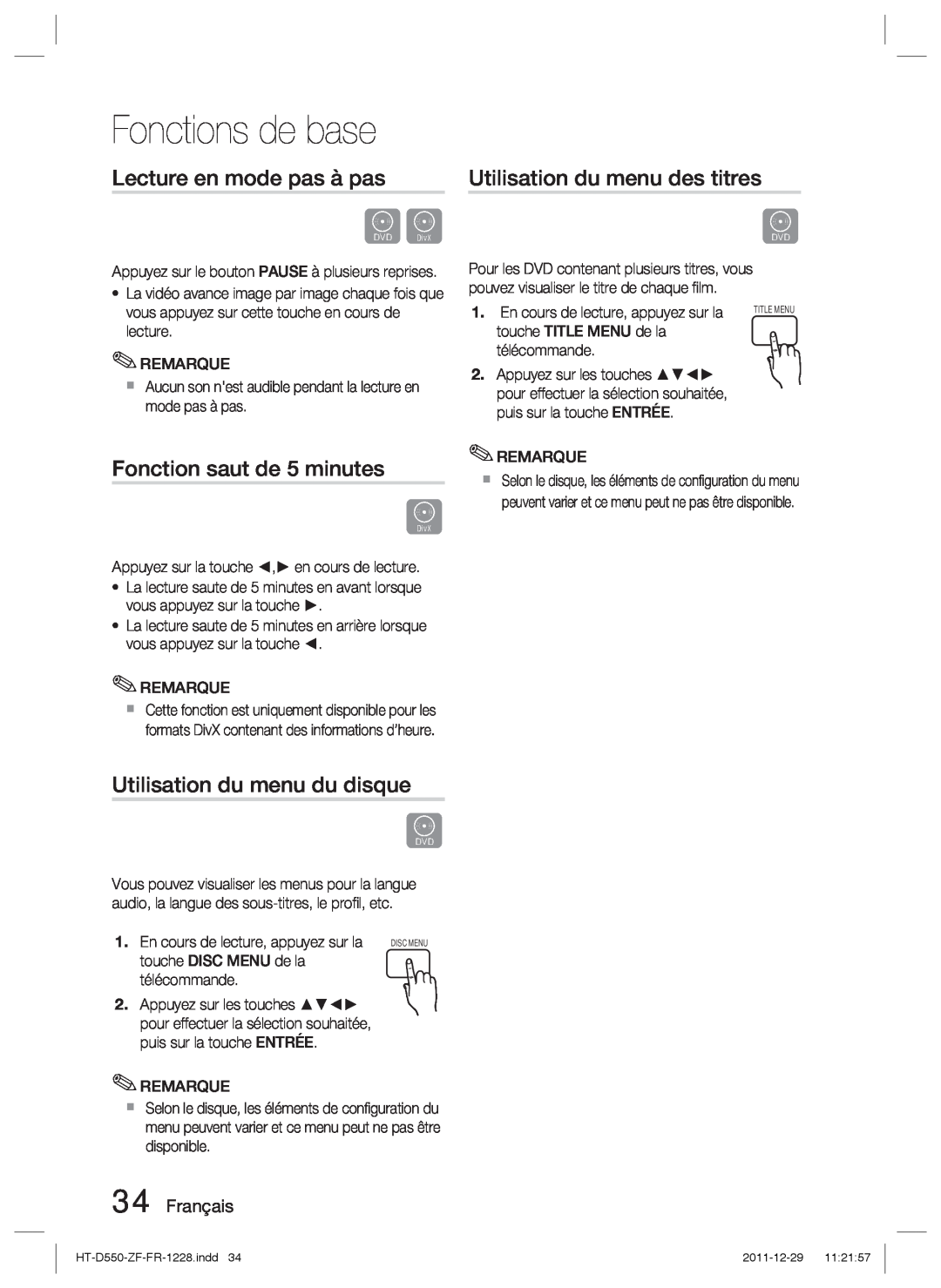 Samsung HT-D555/EN manual Lecture en mode pas à pas, Fonction saut de 5 minutes, Utilisation du menu du disque, Français 