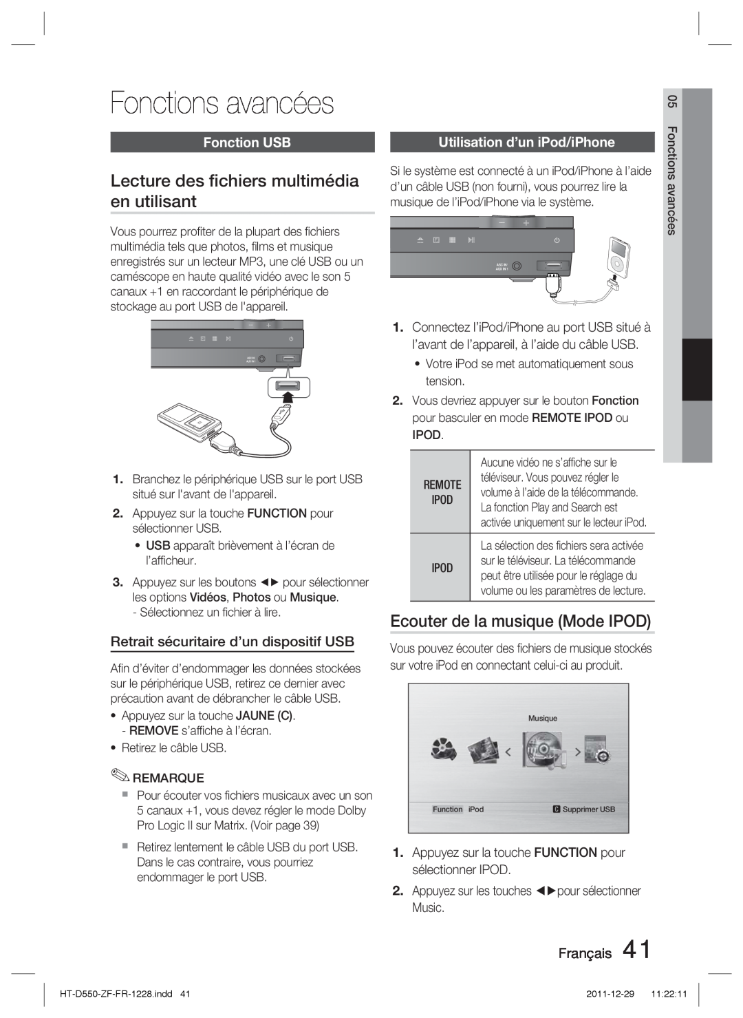 Samsung HT-D550/XN manual Fonctions avancées, Lecture des ﬁchiers multimédia, en utilisant, Ecouter de la musique Mode IPOD 