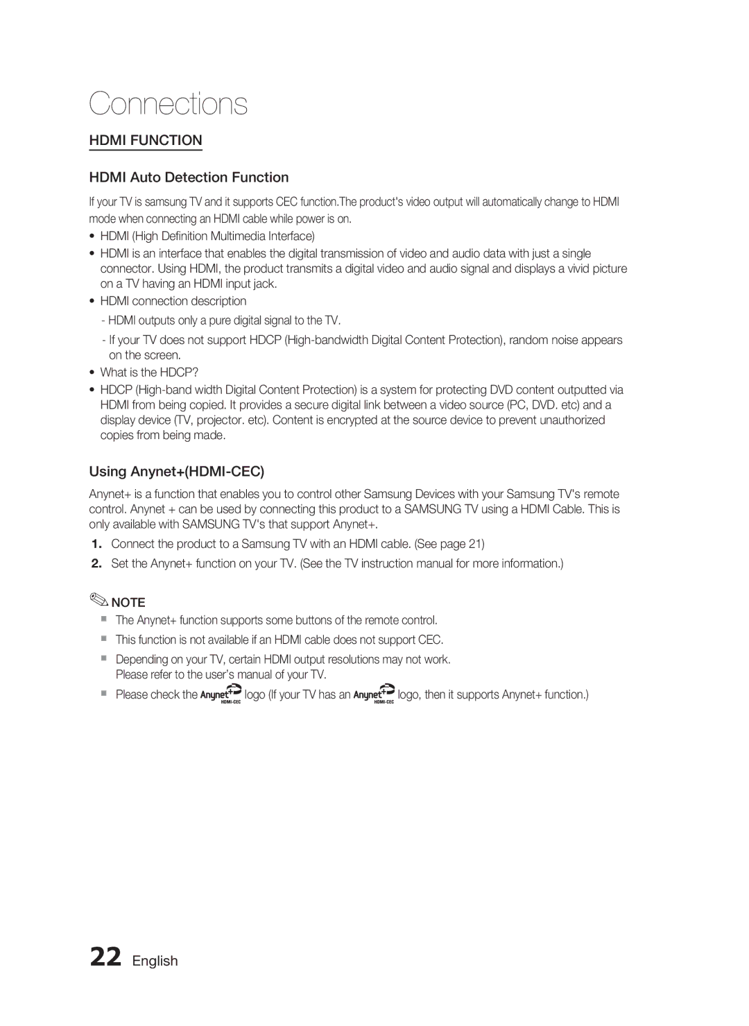 Samsung HT-D555, HT-D553, HT-D550 user manual Hdmi Auto Detection Function, Using Anynet+HDMI-CEC 