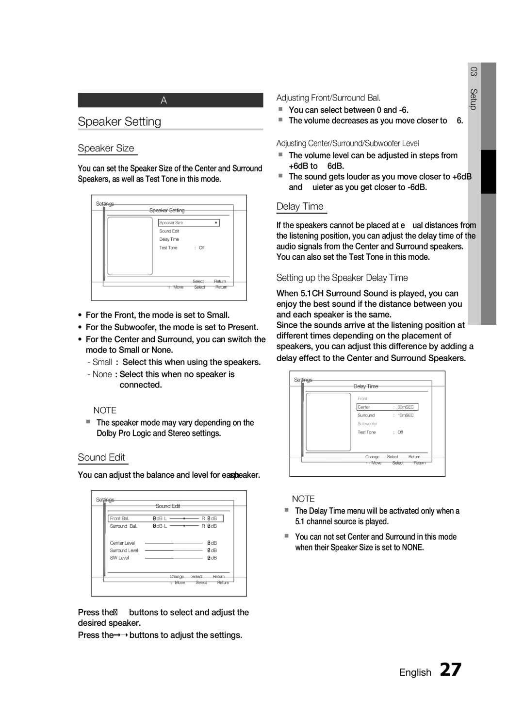 Samsung HT-D553, HT-D555, HT-D550 user manual Speaker Setting, Audio 