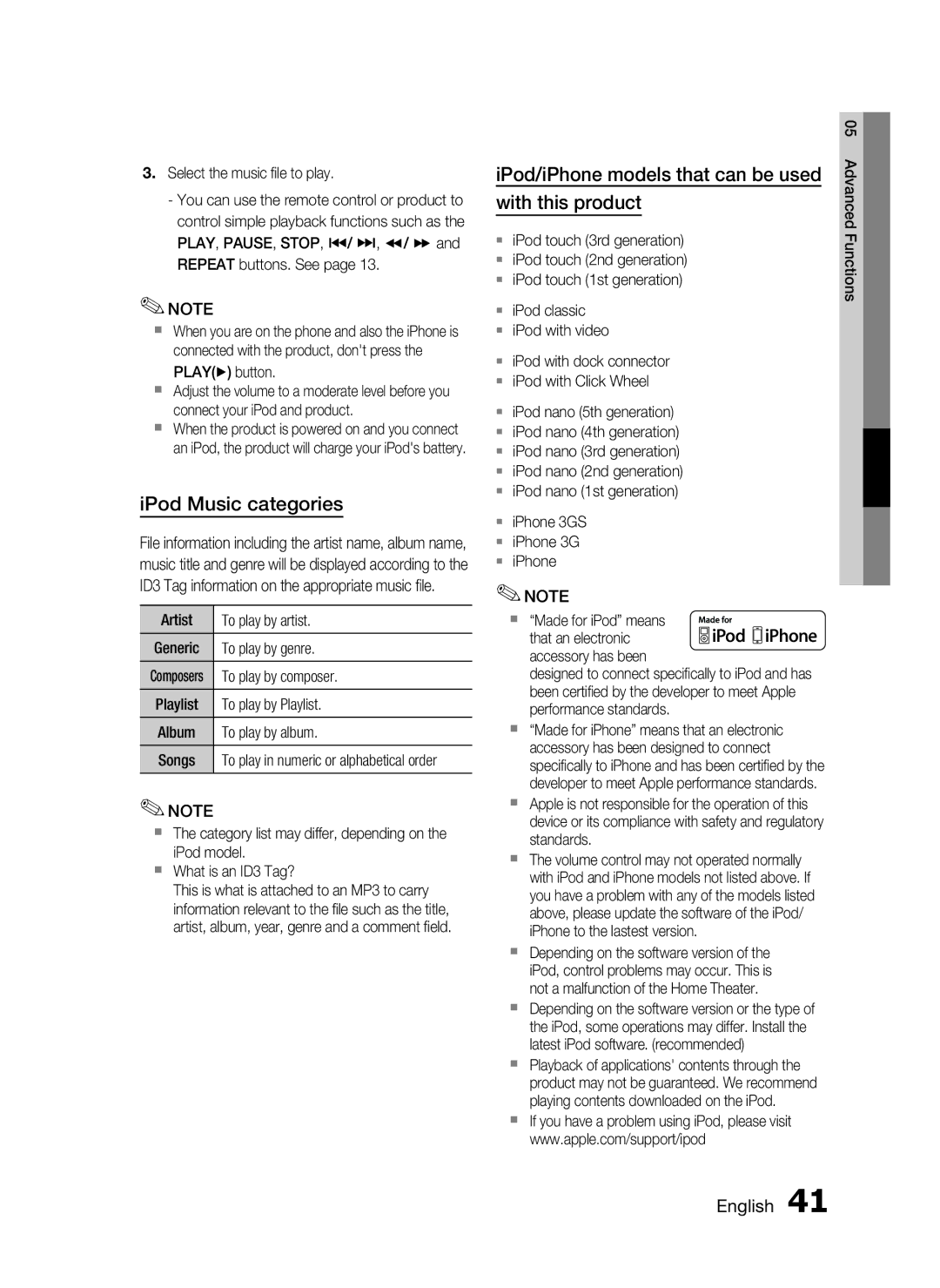 Samsung HT-D550, HT-D553, HT-D555 user manual IPod Music categories, IPod/iPhone models that can be used with this product 