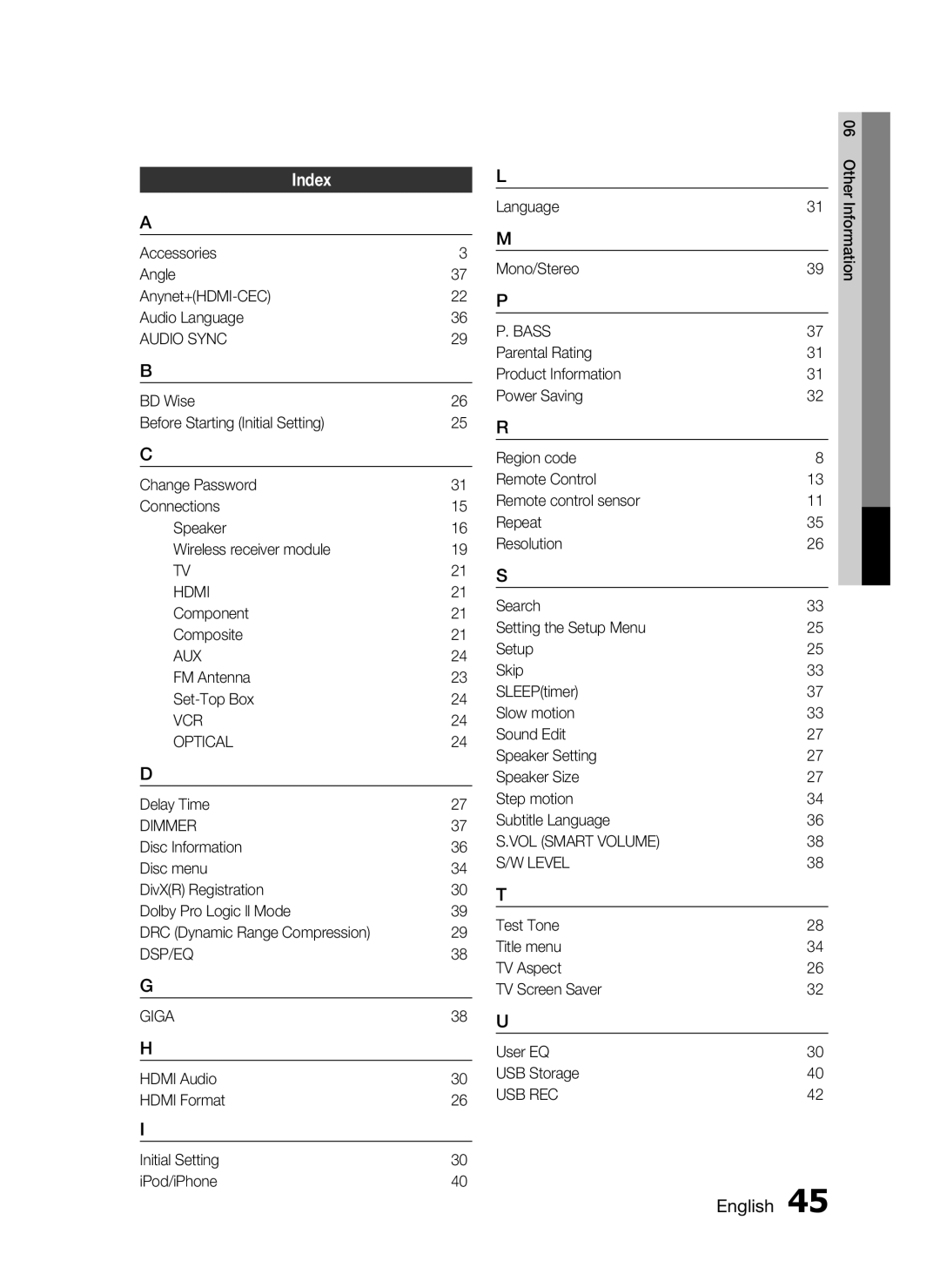 Samsung HT-D553, HT-D555, HT-D550 user manual Index, 25 R, 38 U 