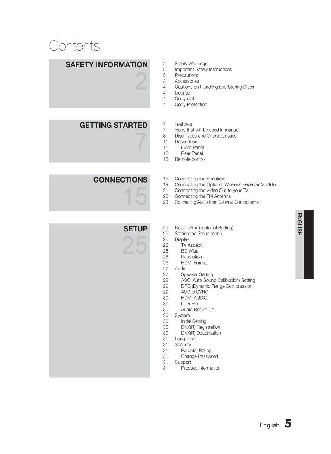 Samsung HT-D550, HT-D553, HT-D555 user manual Contents 