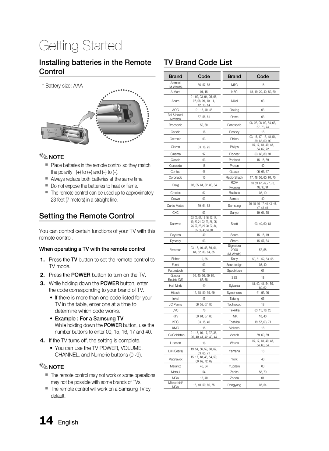 Samsung HT-D550 Installing batteries in the Remote Control, TV Brand Code List, Setting the Remote Control, English 