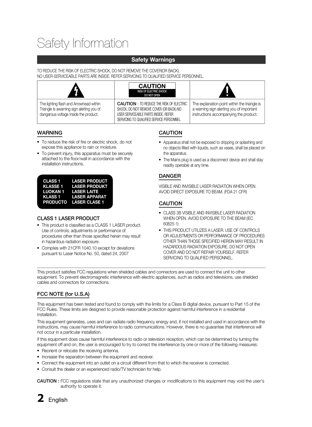 Samsung HT-D550 Safety Information, Safety Warnings, English, Class, Klasse, Luokan, Laser Laite, Laser Apparat, Producto 