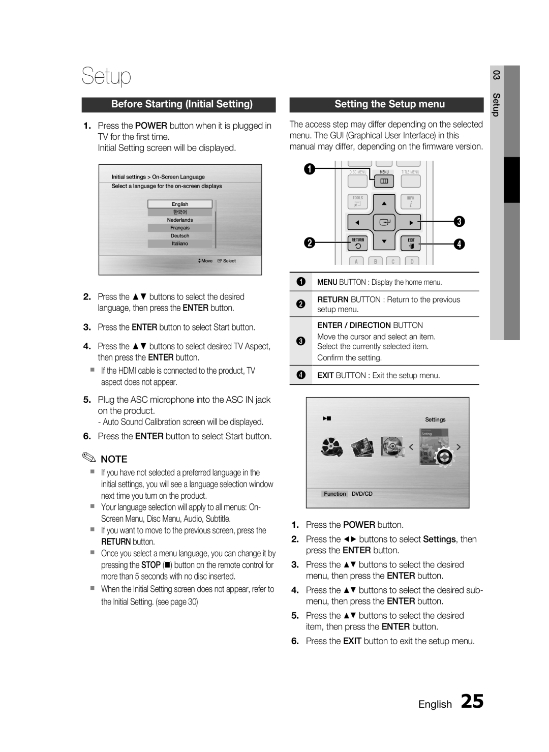Samsung HT-D555, HT-D553, HT-D550 user manual Before Starting Initial Setting, Setting the Setup menu, English 
