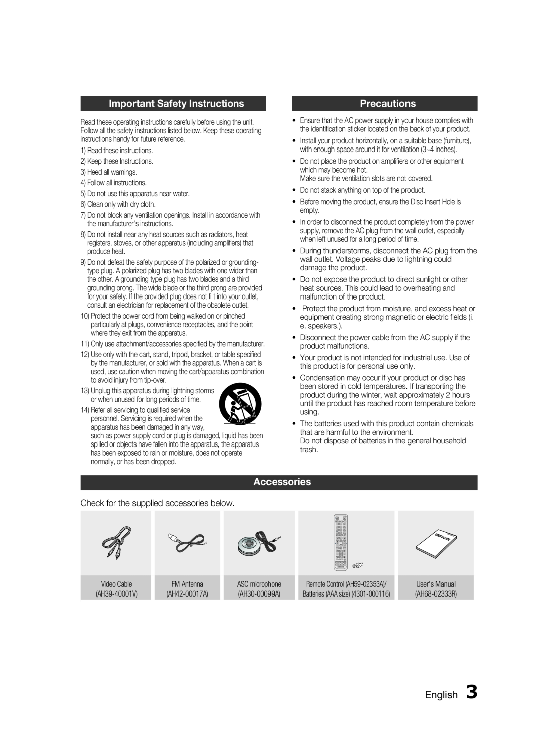 Samsung HT-D553, HT-D555, HT-D550 user manual Important Safety Instructions, Precautions, Accessories, English  