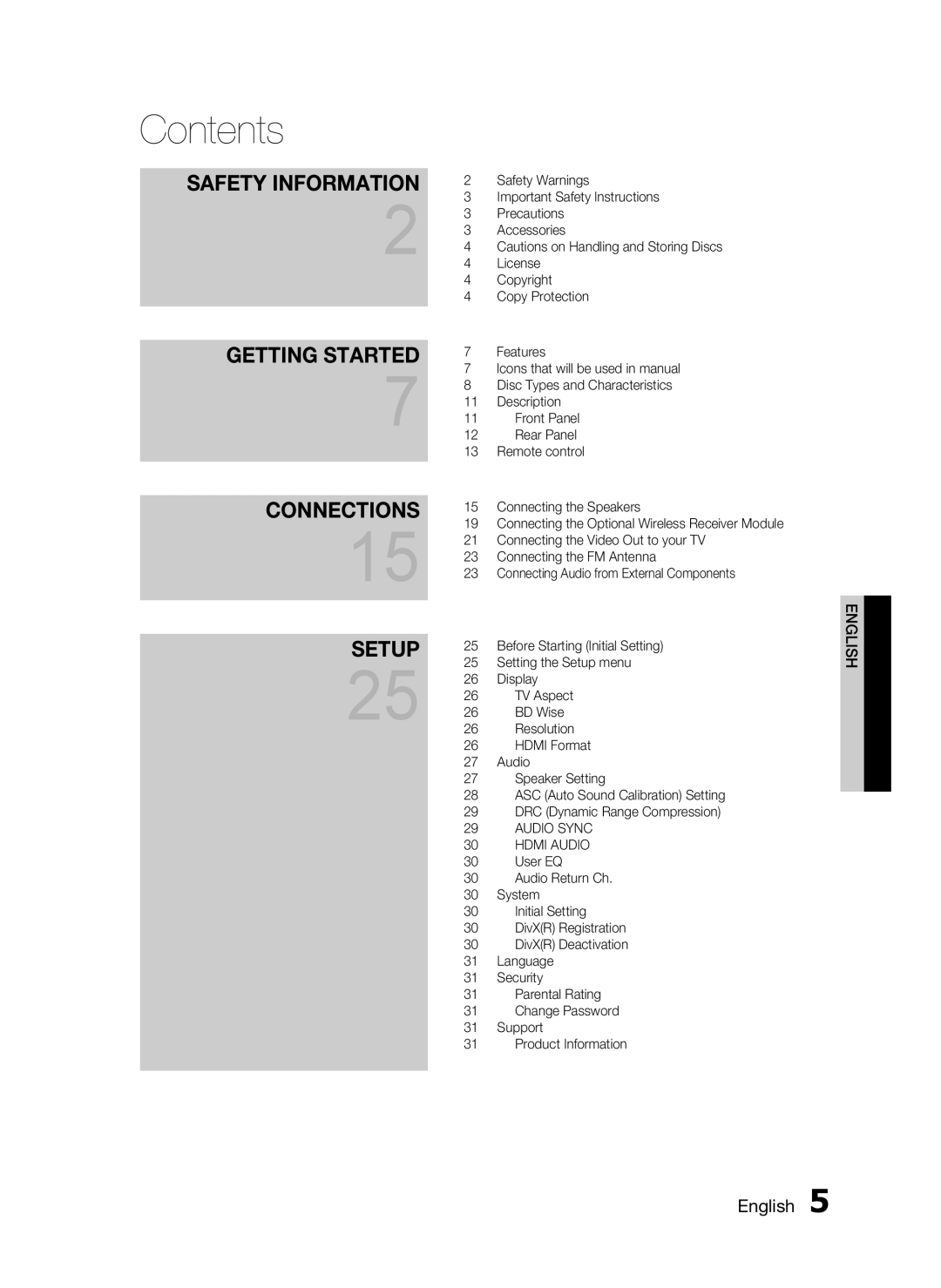 Samsung HT-D550, HT-D553, HT-D555 user manual Contents, Safety Information, Getting Started, Connections, Setup, English  