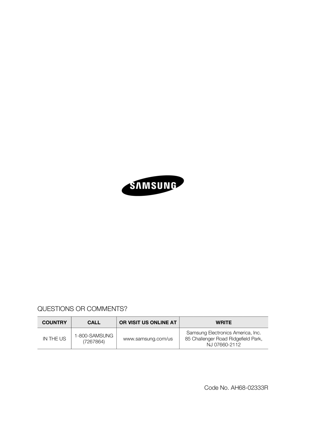 Samsung HT-D550, HT-D553, HT-D555 Questions Or Comments?, Code No. AH68-02333R, Country, Call, Or Visit Us Online At, Write 