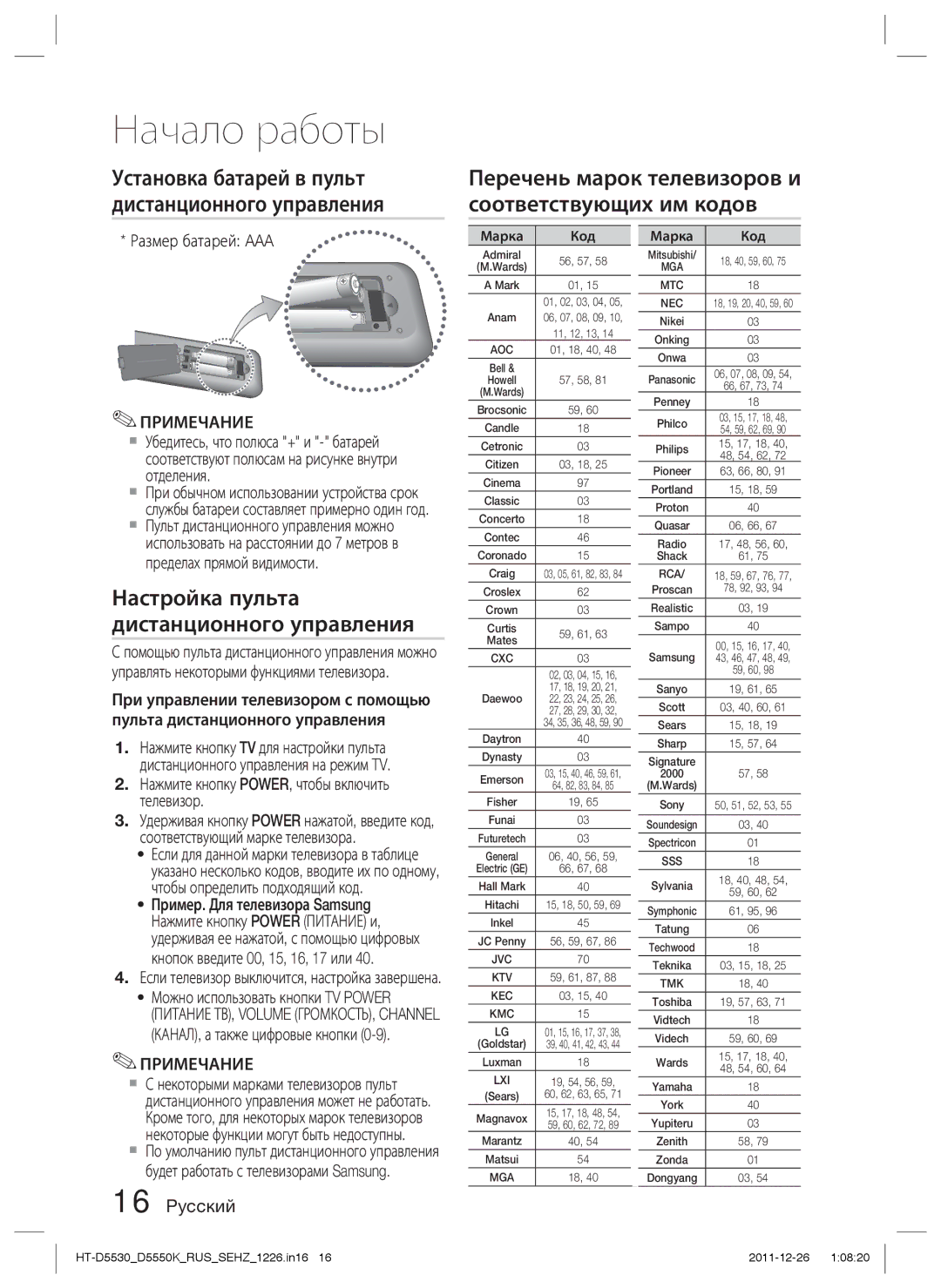 Samsung HT-D5530K/RU Перечень марок телевизоров и соответствующих им кодов, Настройка пульта дистанционного управления 