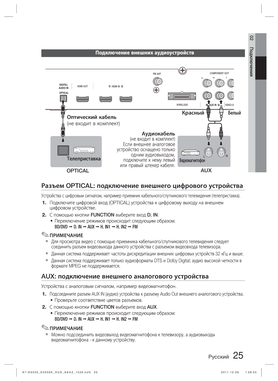 Samsung HT-D5550K/RU manual Разъем Optical подключение внешнего цифрового устройства, Подключение внешних аудиоустройств 