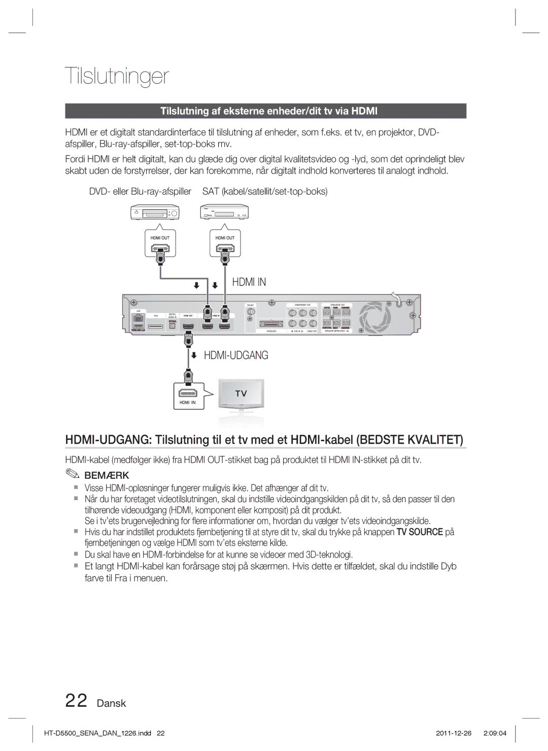 Samsung HT-D5500/XE, HT-D5530/XE, HT-D5550/XE manual Tilslutning af eksterne enheder/dit tv via Hdmi 