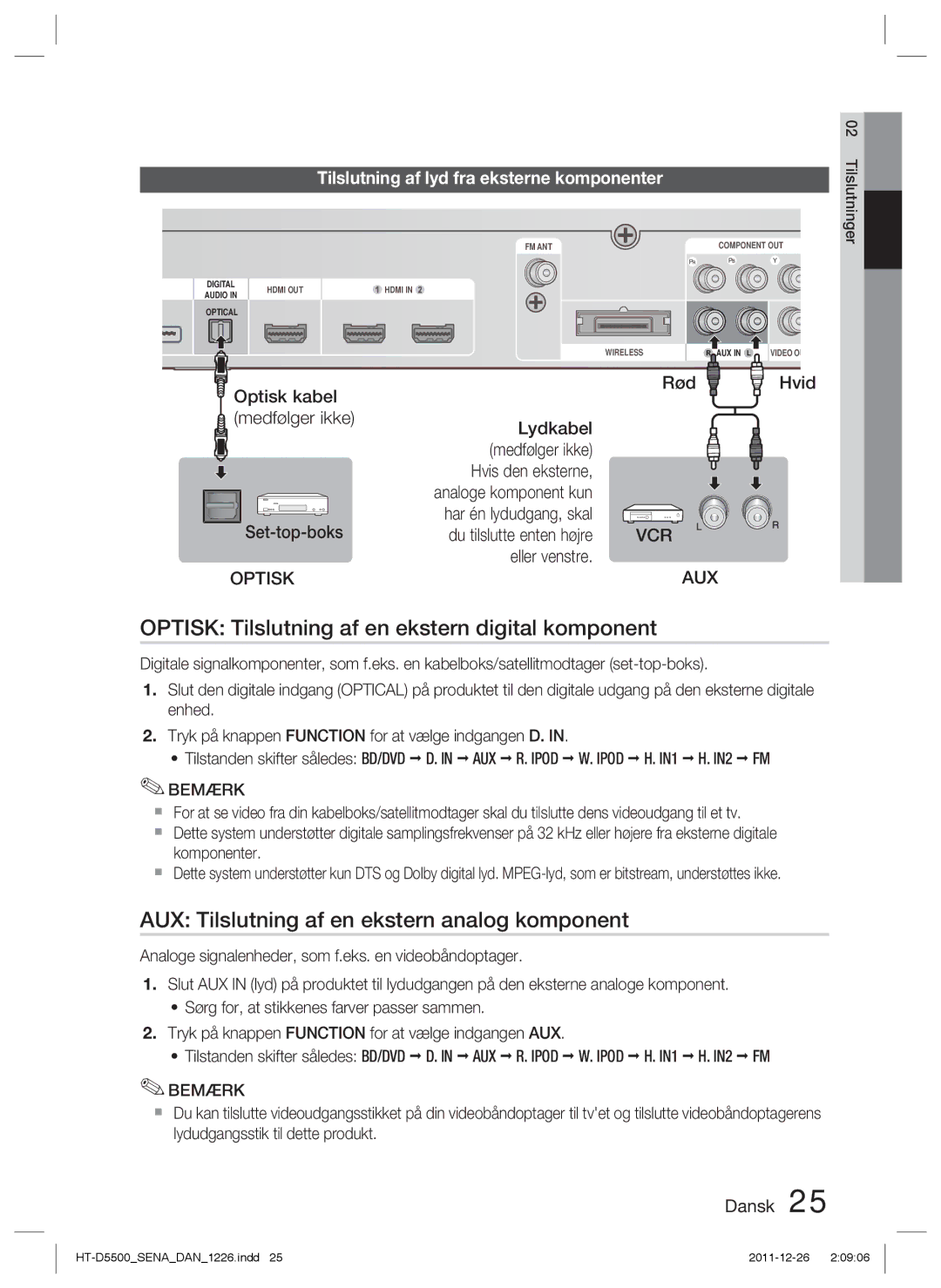 Samsung HT-D5500/XE Optisk Tilslutning af en ekstern digital komponent, AUX Tilslutning af en ekstern analog komponent 