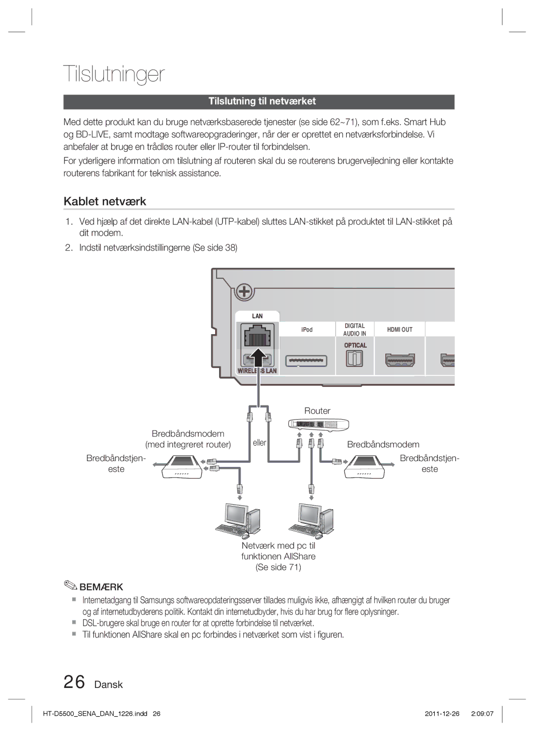 Samsung HT-D5550/XE manual Tilslutning til netværket, Router Bredbåndsmodem Bredbåndstjen Este, Med integreret router 