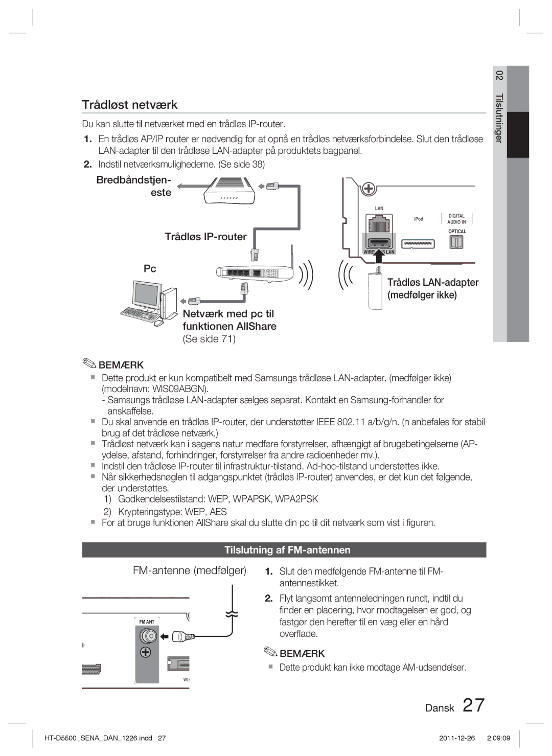 Samsung HT-D5530/XE, HT-D5500/XE manual FM-antenne medfølger, Tilslutning af FM-antennen, Trådløs LAN-adapter medfølger ikke 