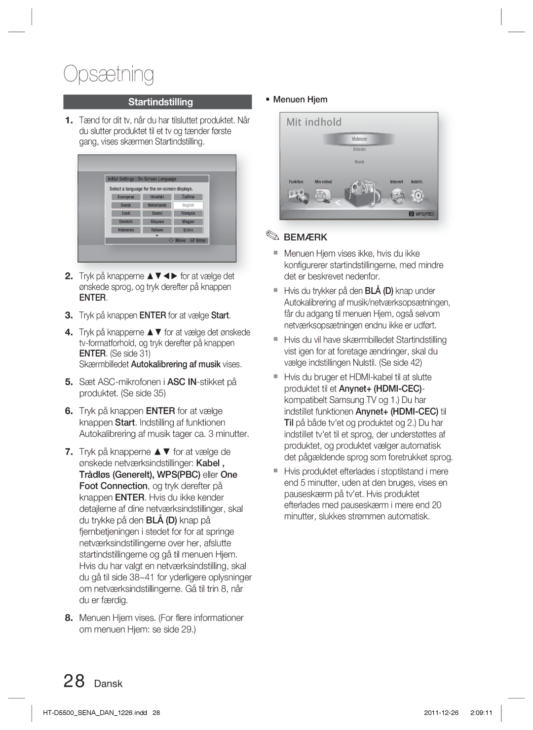 Samsung HT-D5500/XE, HT-D5530/XE, HT-D5550/XE manual Opsætning, Startindstilling, Menuen Hjem 