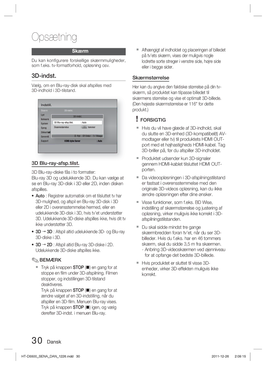 Samsung HT-D5530/XE, HT-D5500/XE, HT-D5550/XE manual 3D-indst, 3D Blu-ray-afsp.tilst, Skærmstørrelse 