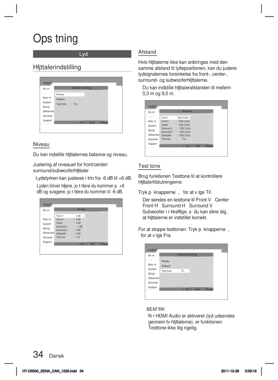 Samsung HT-D5500/XE, HT-D5530/XE, HT-D5550/XE manual Højttalerindstilling, Niveau, Afstand, Test tone 