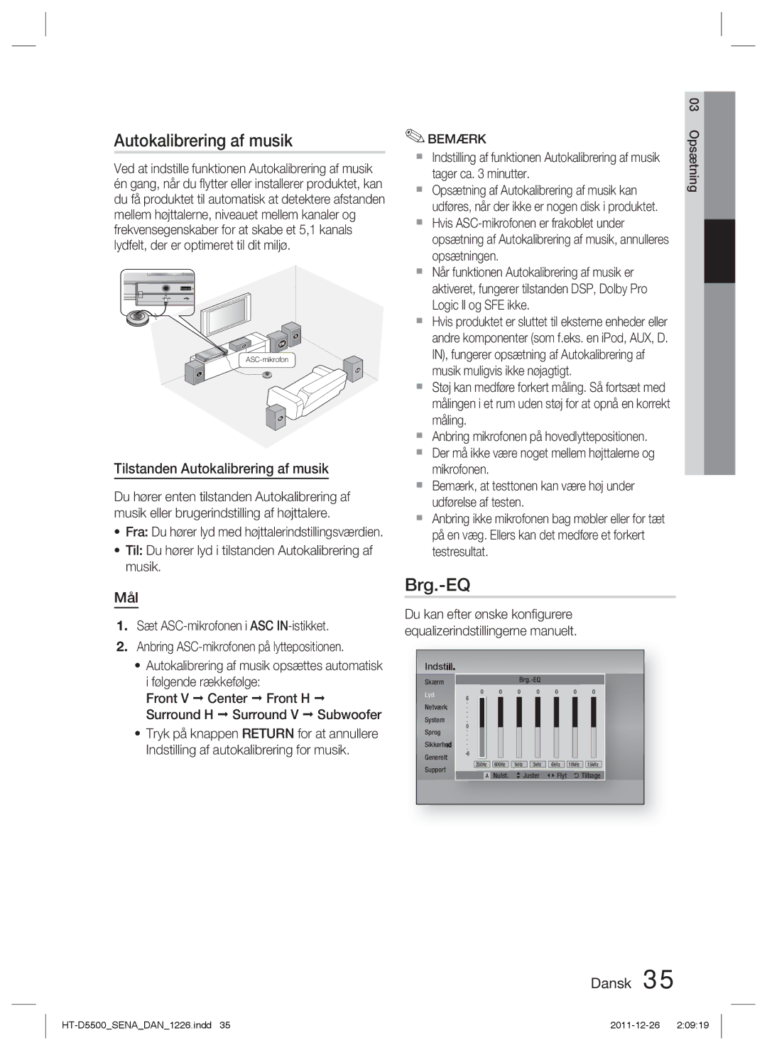 Samsung HT-D5550/XE, HT-D5530/XE, HT-D5500/XE manual Brg.-EQ, Tilstanden Autokalibrering af musik, Mål 