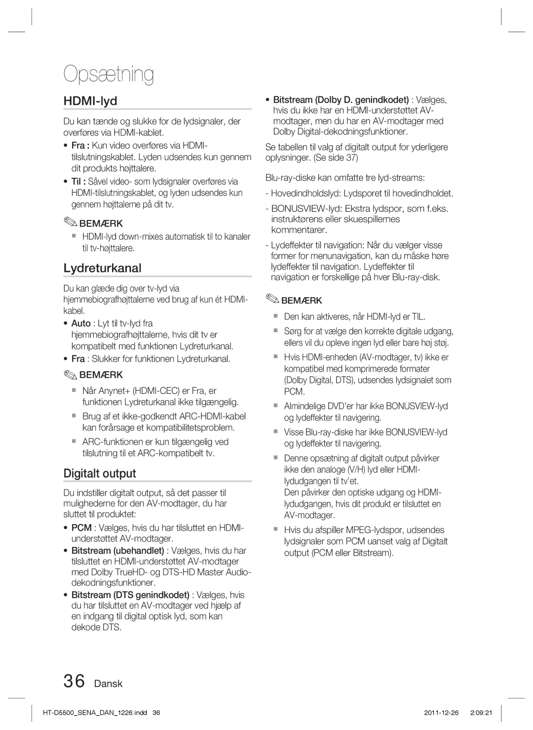 Samsung HT-D5530/XE, HT-D5500/XE, HT-D5550/XE manual HDMI-lyd, Digitalt output, Fra Slukker for funktionen Lydreturkanal 