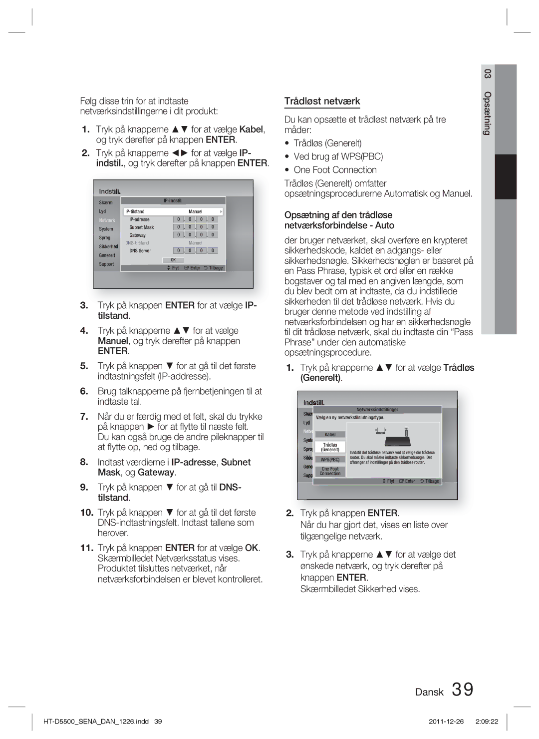 Samsung HT-D5530/XE, HT-D5500/XE, HT-D5550/XE manual Trådløst netværk, Opsætning af den trådløse netværksforbindelse Auto 