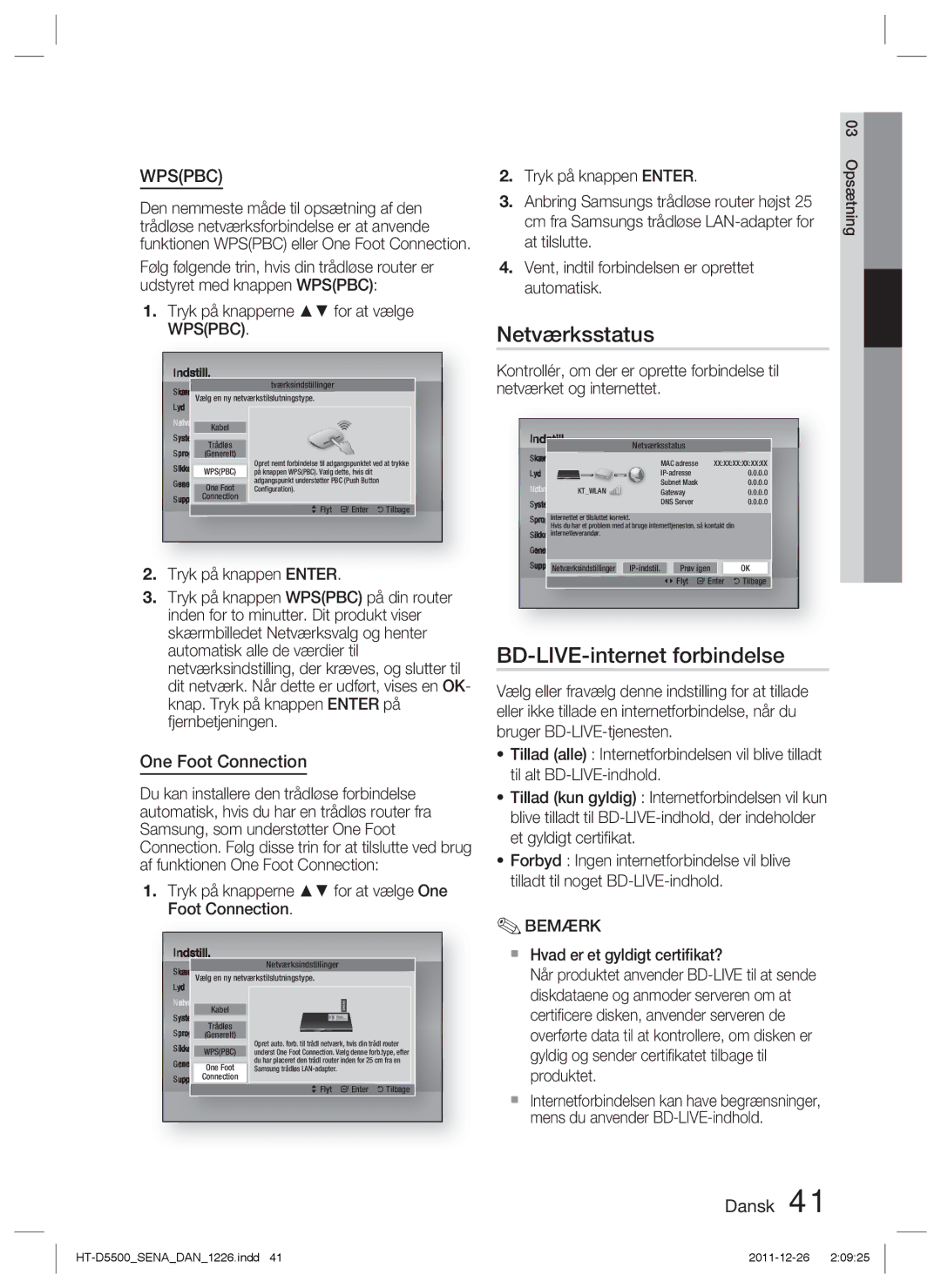 Samsung HT-D5550/XE, HT-D5530/XE, HT-D5500/XE manual Netværksstatus, BD-LIVE-internet forbindelse, Tryk på knappen Enter 