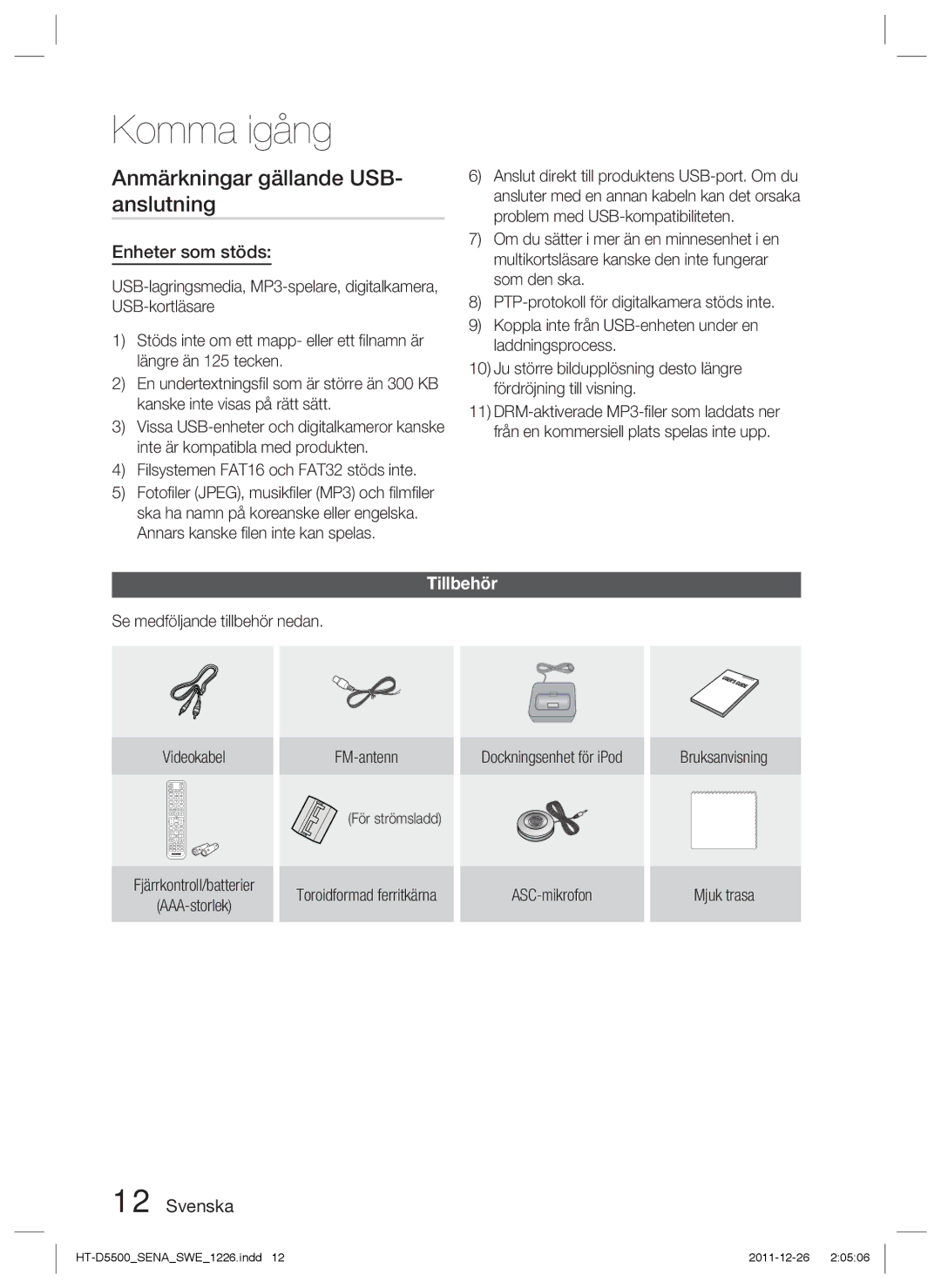 Samsung HT-D5530/XE, HT-D5500/XE, HT-D5550/XE manual Anmärkningar gällande USB- anslutning, Enheter som stöds, Tillbehör 