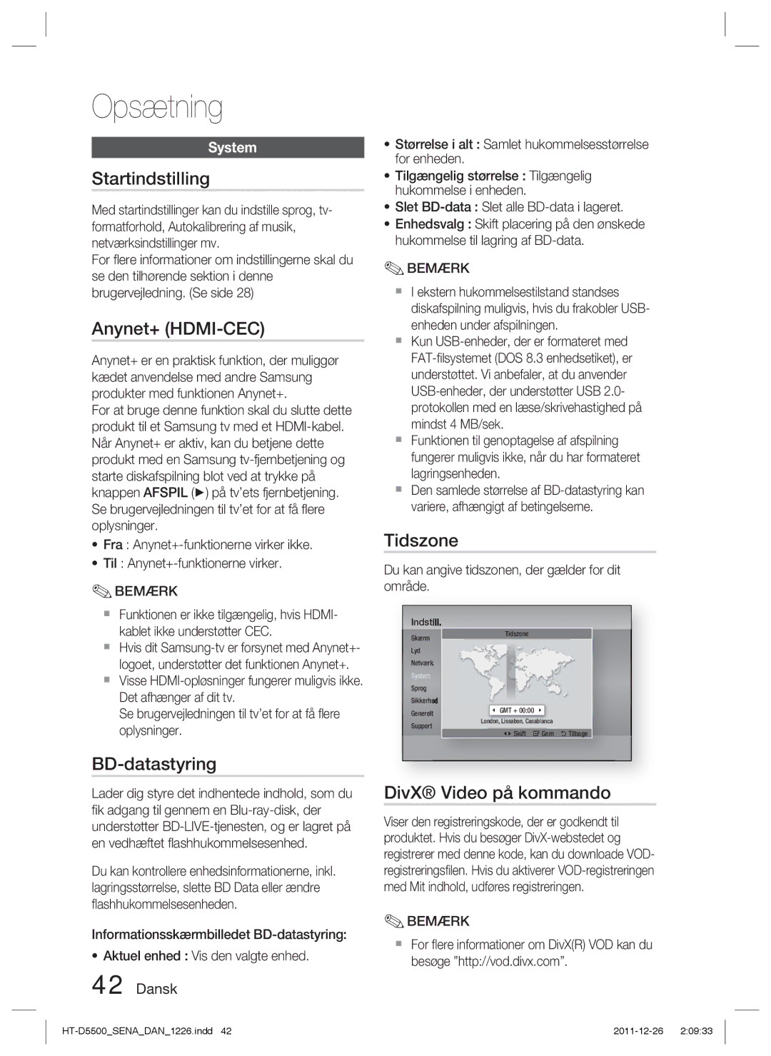 Samsung HT-D5530/XE, HT-D5500/XE, HT-D5550/XE manual Startindstilling, BD-datastyring, Tidszone, DivX Video på kommando 