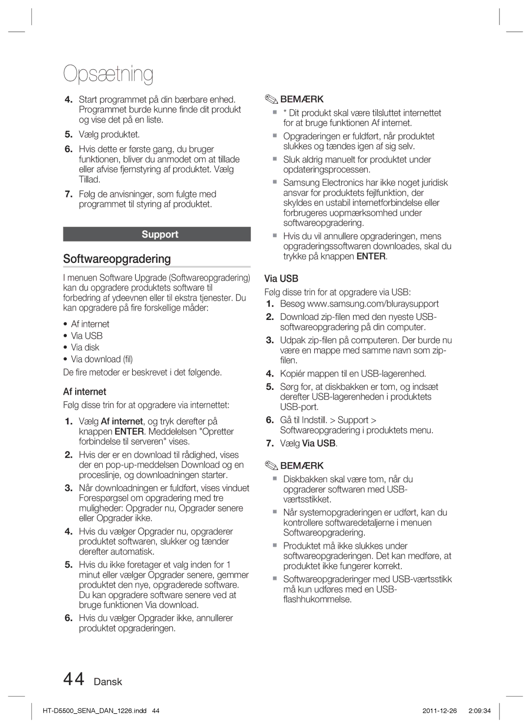 Samsung HT-D5550/XE, HT-D5530/XE Softwareopgradering, Af internet, Følg disse trin for at opgradere via USB, Vælg Via USB 