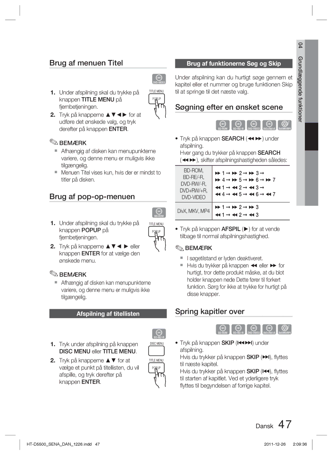 Samsung HT-D5550/XE manual Brug af menuen Titel, Søgning efter en ønsket scene, Brug af pop-op-menuen, Spring kapitler over 