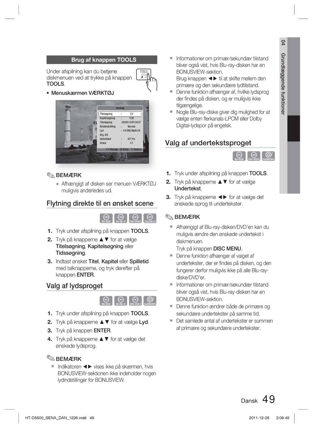 Samsung HT-D5500/XE, HT-D5530/XE manual Flytning direkte til en ønsket scene, Valg af lydsproget, Valg af undertekstsproget 