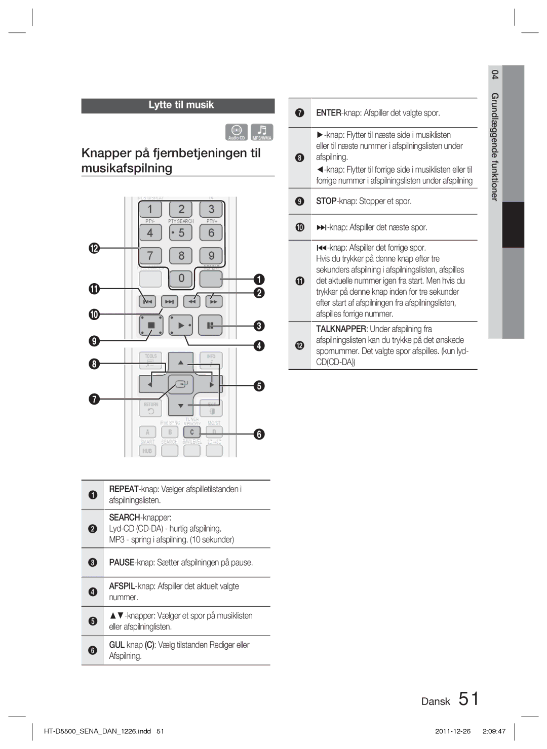 Samsung HT-D5530/XE manual Knapper på fjernbetjeningen til musikafspilning, Lytte til musik, SEARCH-knapper, Afspilning 