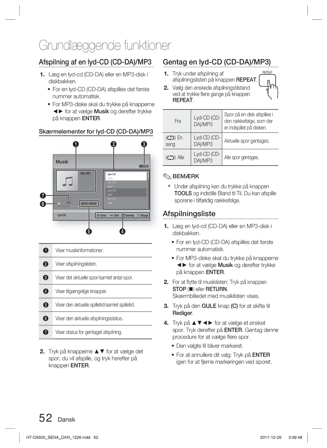 Samsung HT-D5500/XE, HT-D5530/XE Gentag en lyd-CD CD-DA/MP3, Afspilningsliste, Skærmelementer for lyd-CD CD-DA/MP3, Repeat 