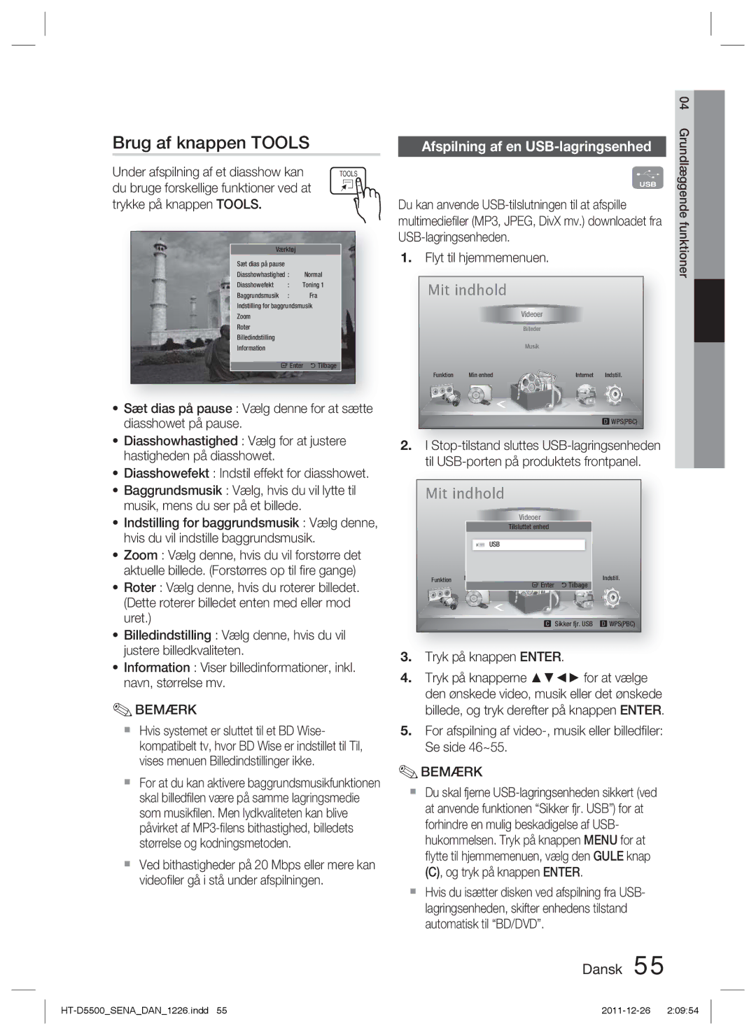 Samsung HT-D5500/XE manual Brug af knappen Tools, Afspilning af en USB-lagringsenhed, Under afspilning af et diasshow kan 