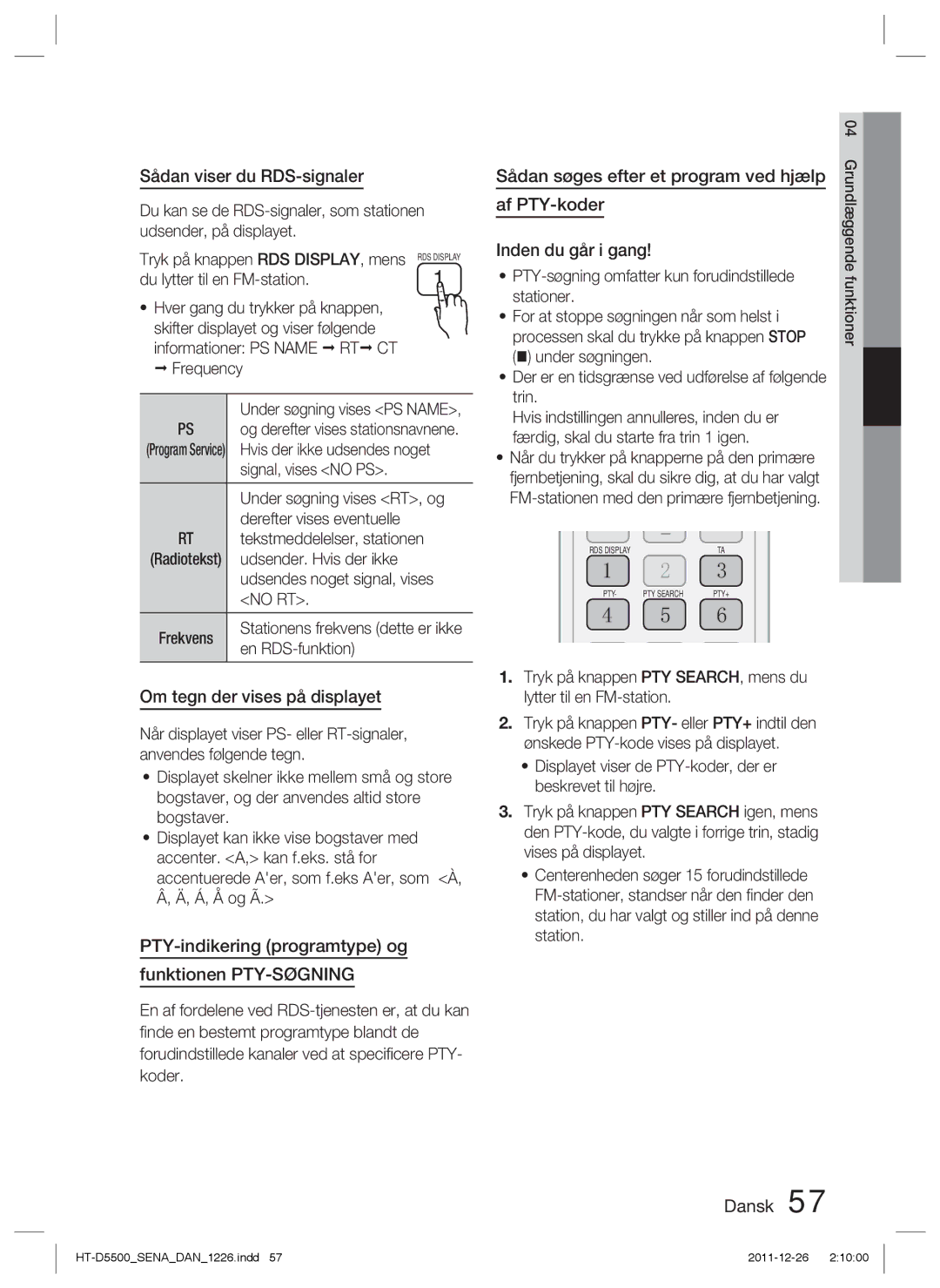 Samsung HT-D5530/XE Sådan viser du RDS-signaler, Om tegn der vises på displayet, Sådan søges efter et program ved hjælp 