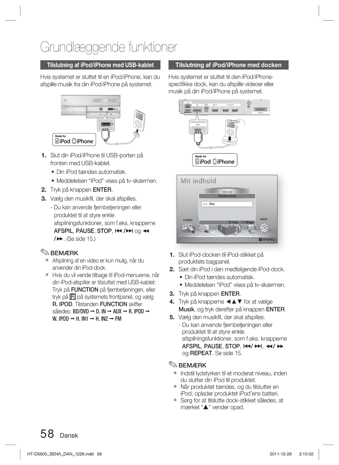 Samsung HT-D5500/XE manual Tilslutning af iPod/iPhone med docken, Således BD/DVD D. in AUX R. Ipod, Ipod H. IN1 H. IN2 FM 