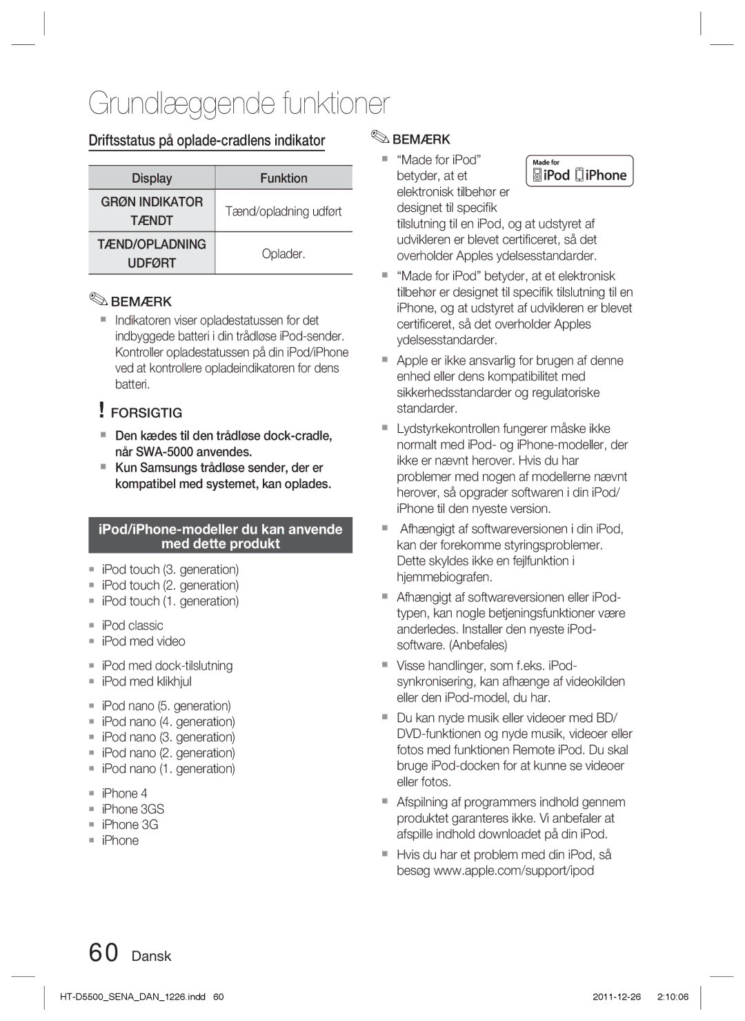 Samsung HT-D5530/XE manual Driftsstatus på oplade-cradlens indikator, IPod/iPhone-modeller du kan anvende Med dette produkt 