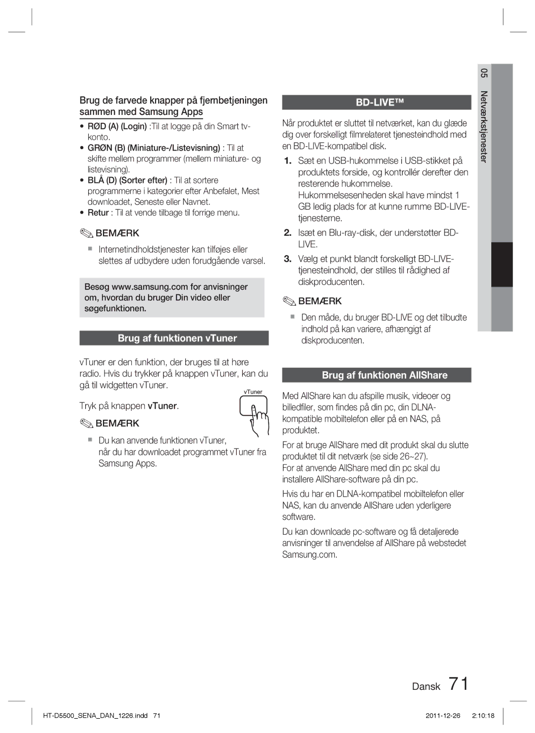 Samsung HT-D5550/XE, HT-D5530/XE, HT-D5500/XE manual Brug af funktionen vTuner, Brug af funktionen AllShare, Live 