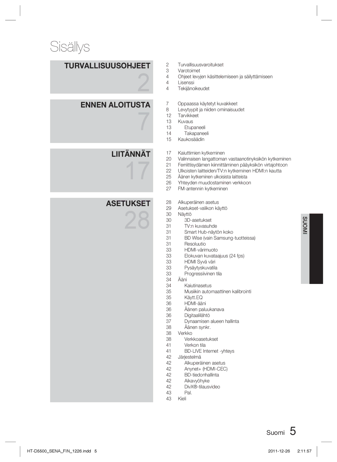 Samsung HT-D5550/XE, HT-D5530/XE, HT-D5500/XE manual Sisällys 