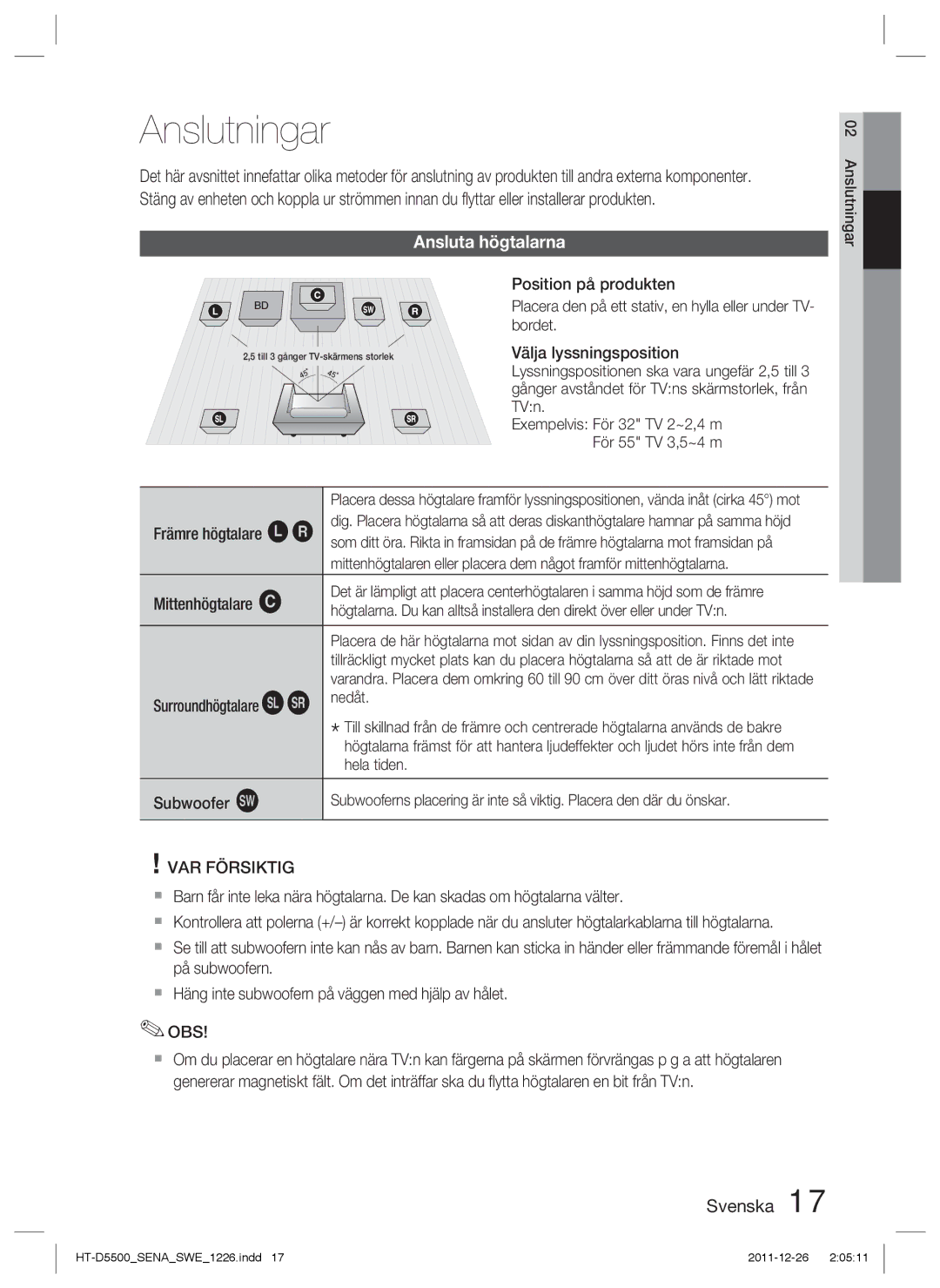 Samsung HT-D5550/XE, HT-D5530/XE, HT-D5500/XE manual Anslutningar, Ansluta högtalarna 