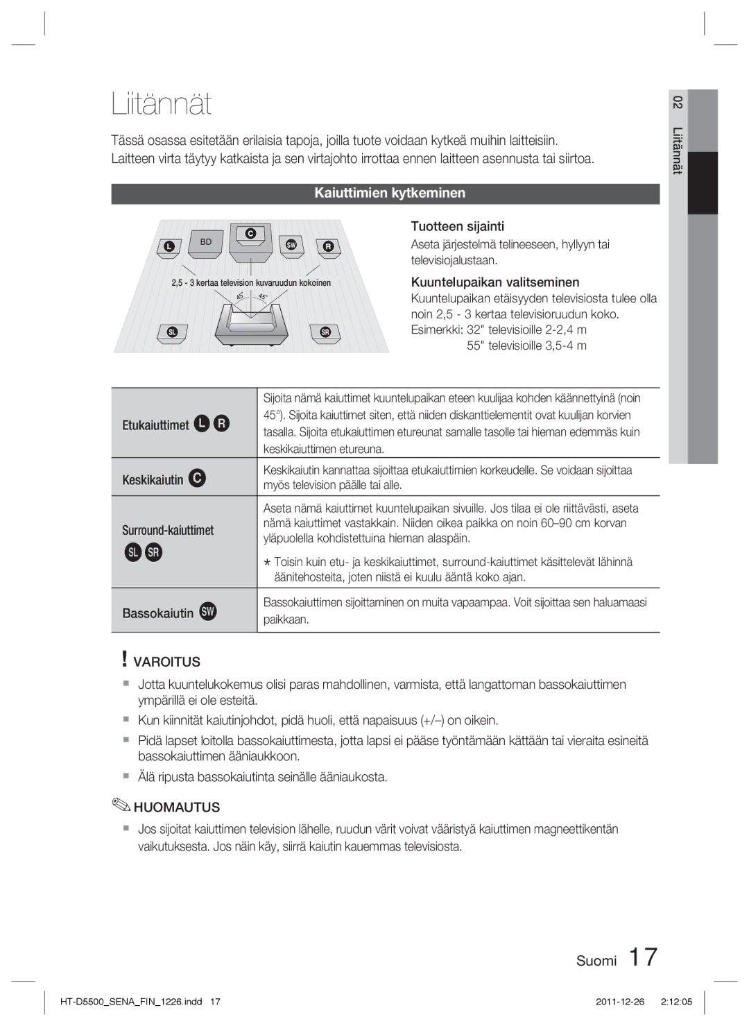 Samsung HT-D5550/XE, HT-D5530/XE, HT-D5500/XE manual Liitännät, Kaiuttimien kytkeminen 