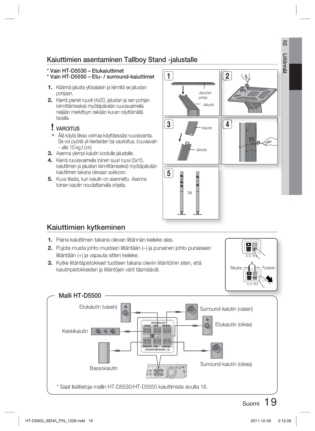 Samsung HT-D5500/XE, HT-D5530/XE Kaiuttimien asentaminen Tallboy Stand -jalustalle, Kaiuttimien kytkeminen, Malli HT-D5500 