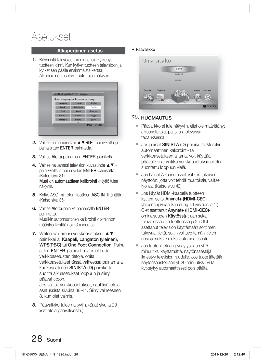 Samsung HT-D5500/XE, HT-D5530/XE, HT-D5550/XE manual Asetukset, Alkuperäinen asetus 